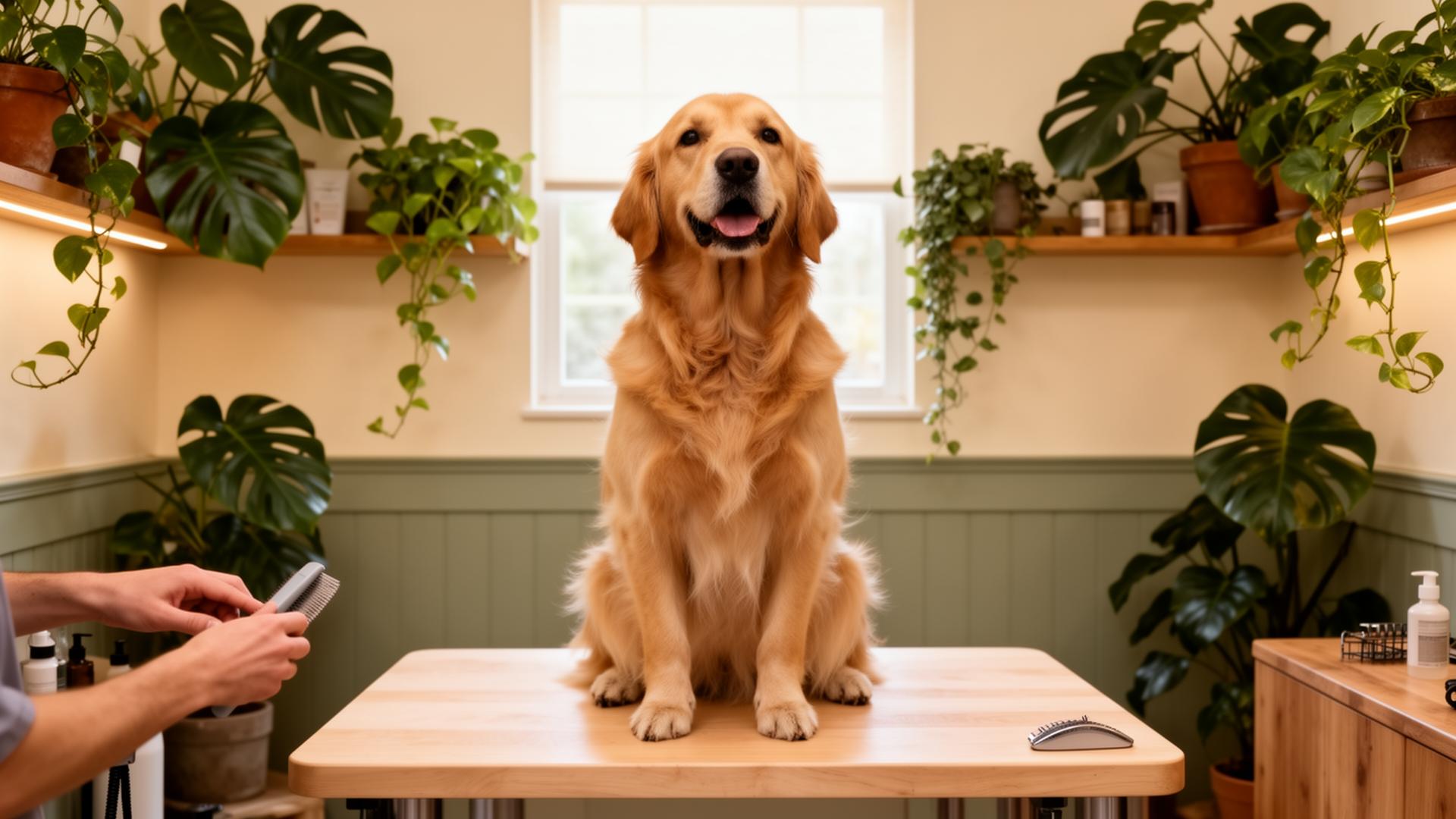 A calm golden retriever being gently groomed surrounded by lush green plants